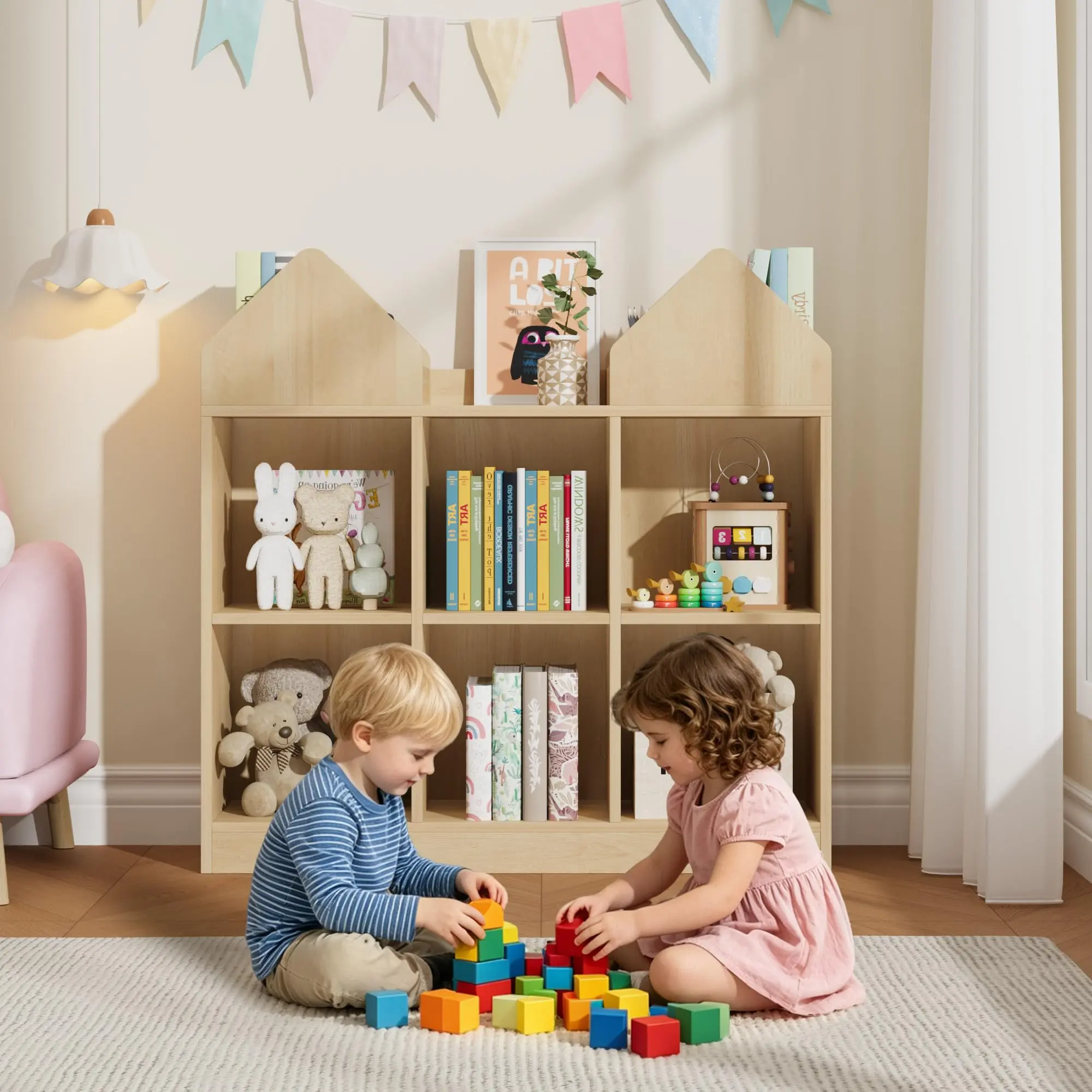 【GAOMON】Kids Bookshelf and Toy Storage Organizer, Castle/House Shape Wooden Bookcase for Toddler Bedroom Playroom, 4 Racks 6 Cubbies, Montessori Low Shelf, Safe Round Edge, Easy Assembly