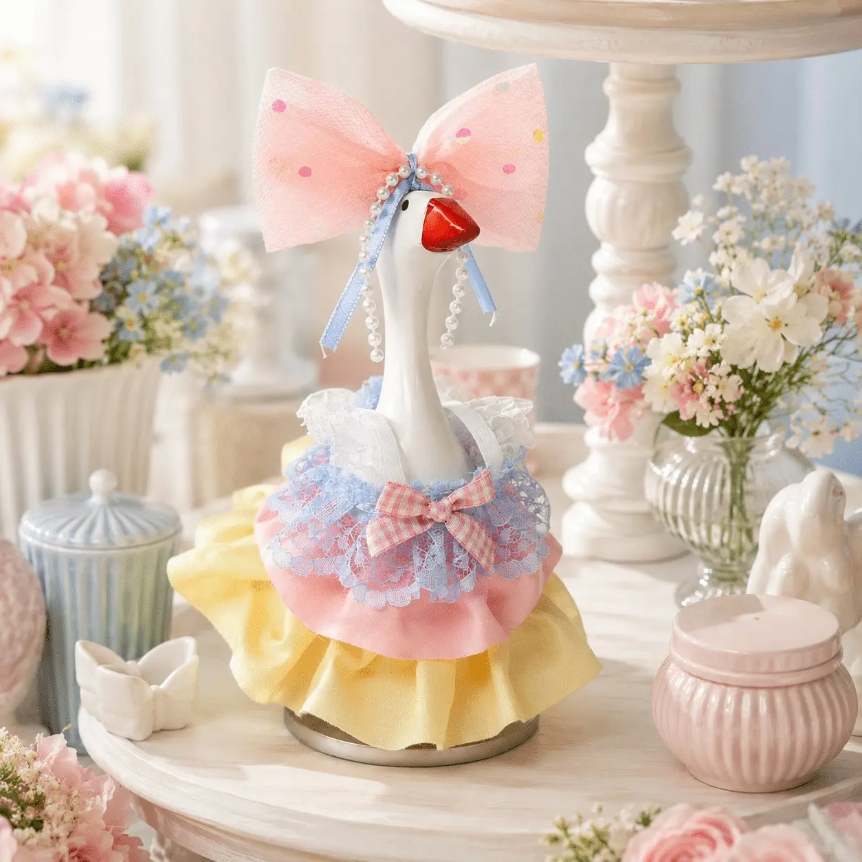 7-Inch Colorful Princess Desk Goose Statue Costume, Includes Lace Dress and Bow, Perfect for Office, Home, Garden Decor, Cute Desktop Decoration