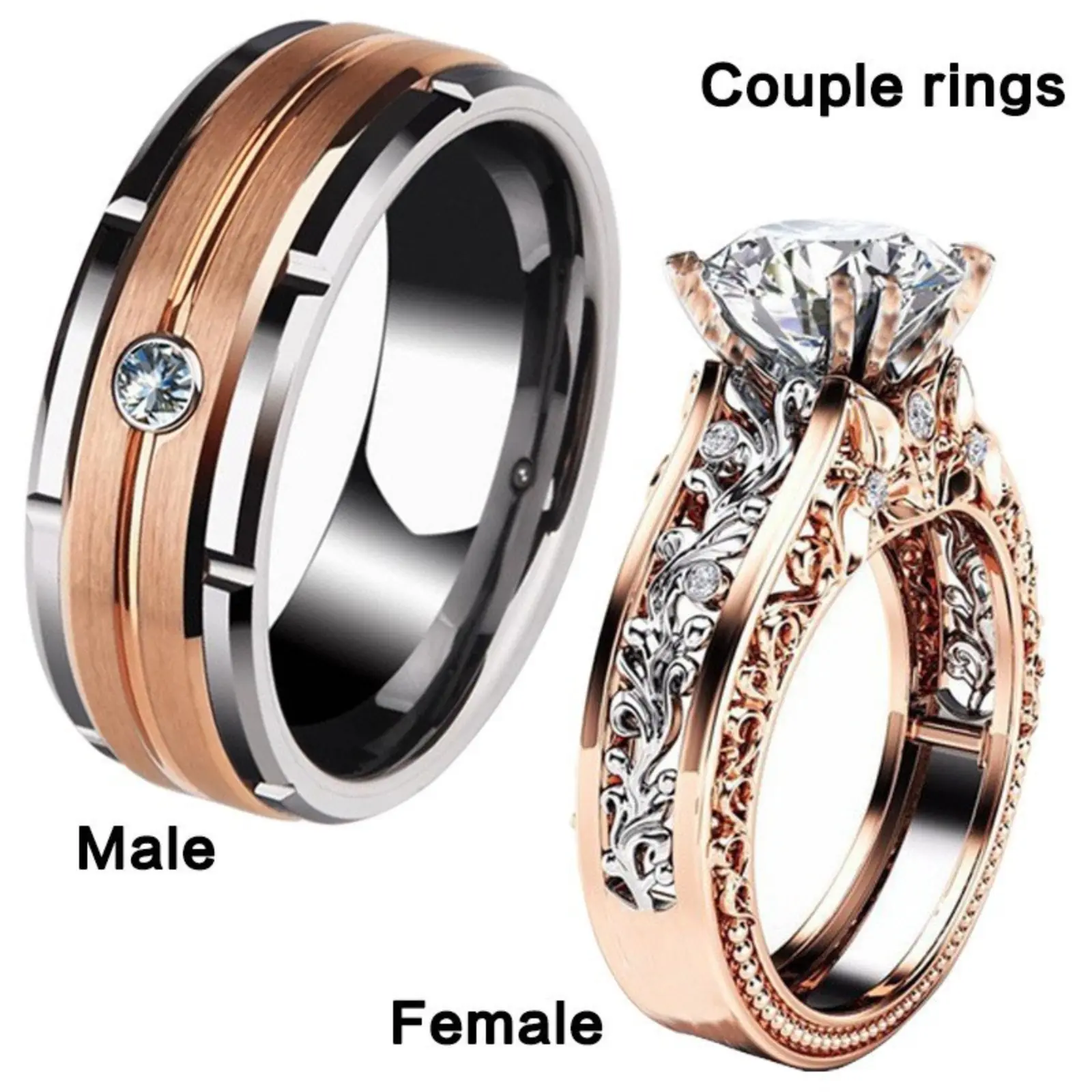 Rose Gold His & Hers Non-Tarnish Stainless Steel Couple Ring Set, Luxurious Zircon Rings for Women, Simple Men’s Band, Jewelry for Anniversary Gifts (No Gift Box)