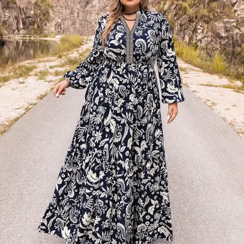 Plus Size Paisley Print Notched Neck Bishop Sleeve Casual A Line Dress Boho Long Sleeve Long Dress, Summer Outfits 2024, Women Plus Size Clothing, Garment, Loose Dresses