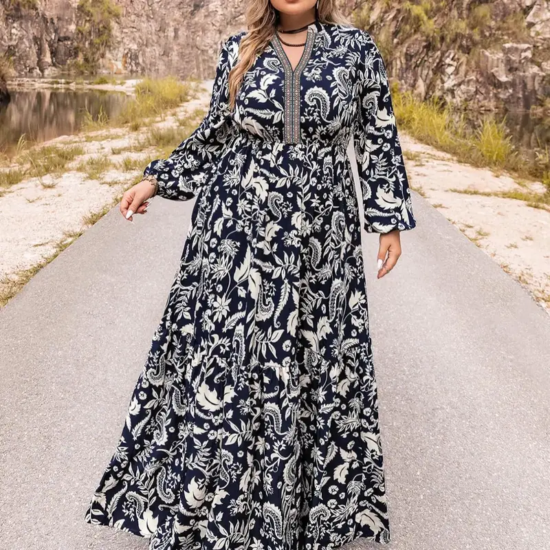 Plus Size Paisley Print Notched Neck Bishop Sleeve Casual A Line Dress Boho Long Sleeve Long Dress, Summer Outfits 2024, Women Plus Size Clothing, Garment, Loose Dresses