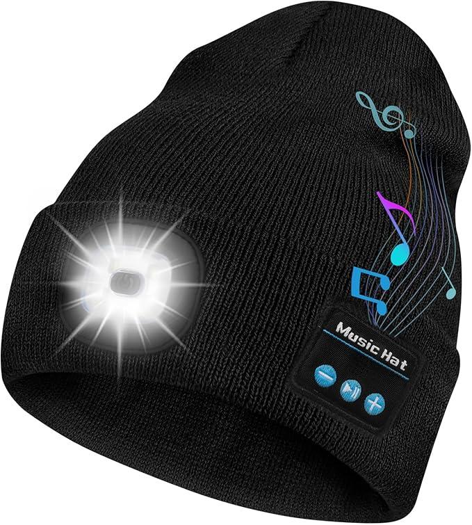 Bluetooth Beanie Hat with Light, Unisex USB Rechargeable Wireless Beanie Cap LED Headlamp Hat Music Hat with Headphones, Christmas Birthday Gifts for Men & Women, Black