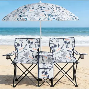 2-Seat Beach Chair, Portable Folding Loveseat with Removable Umbrella & Cooler Bag, Oxford Fabric Outdoor Seating for Camping and Sports