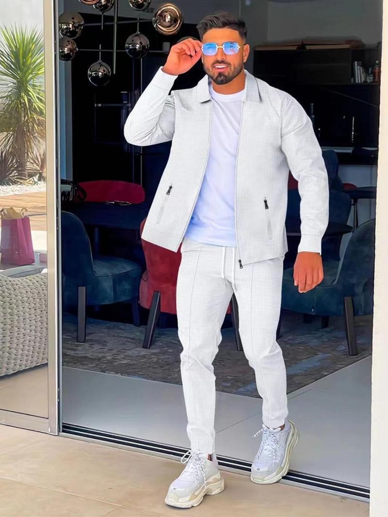 Men's Solid Color Jacket & Drawstring Waist Pants Two-piece Set, Regular Fit Casual Long Sleeve Outerwear & Pants for Daily Wear, Men's Two-piece Outfits for All Seasons