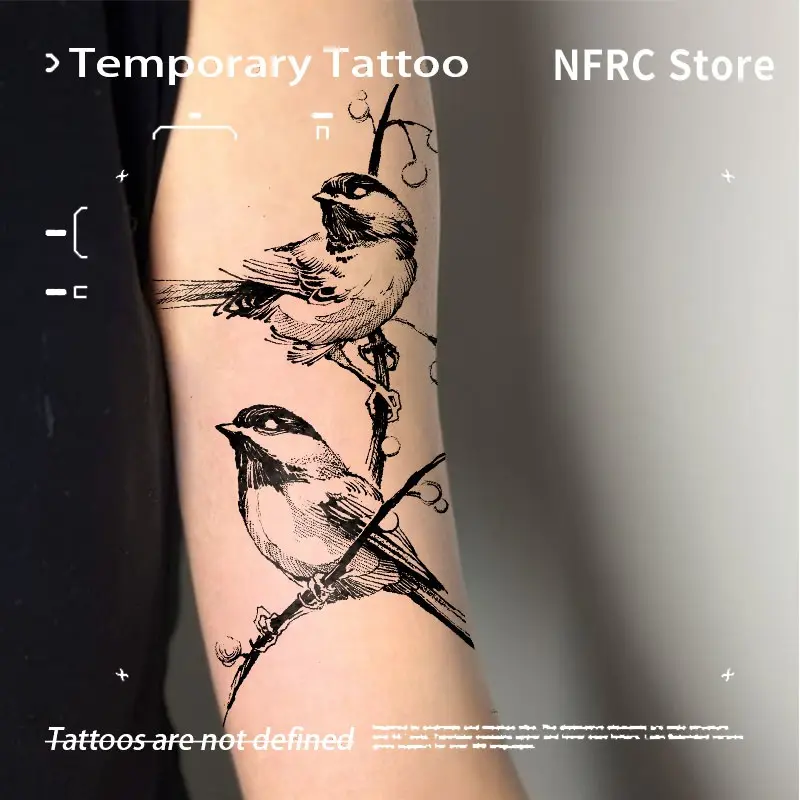 Stippling Sketch Two Chickadees On Branch Herbal Juice Semi Permanent Tattoo Sticker Waterproof Long Lasting Fake Body Tattoo Unisex Forearm Retro Nature Body Art Decal