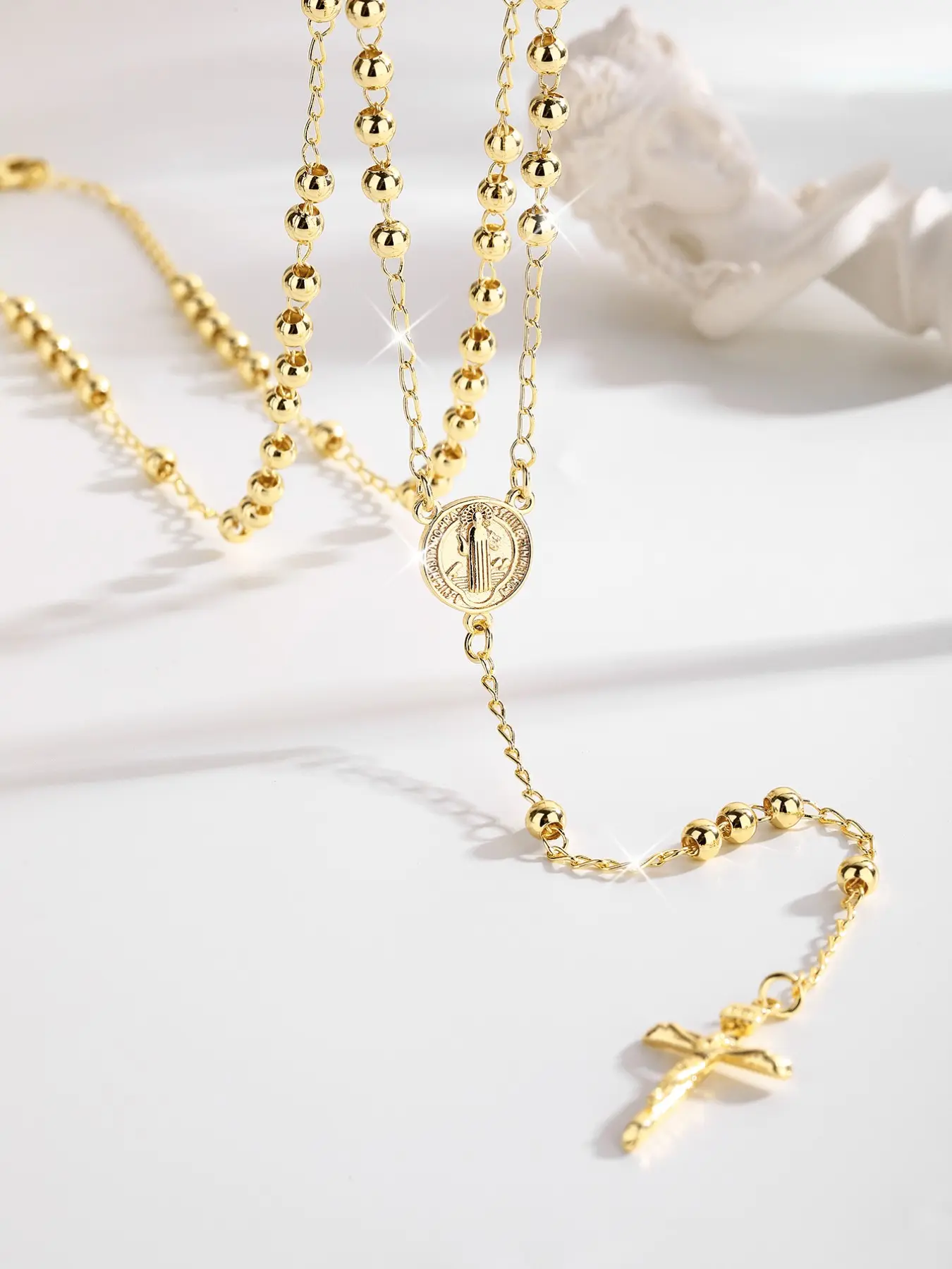 Luxurious Saint Benedict Medal Rosary Necklace, Jesus Cross Pendant, 4mm Beads, 24 Inch Chain, Women's Gift