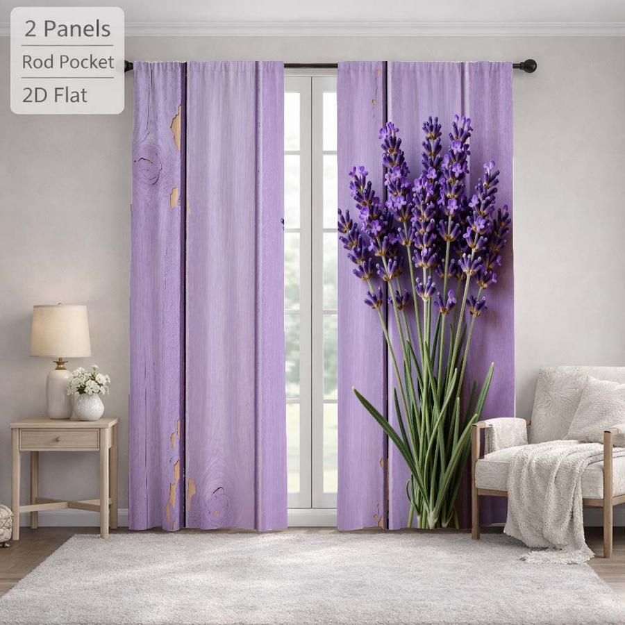 2Pcs Romantic Purple Lavender Floral Wooden Board Sun Blocking Curtains Digital Printed Rod Pocket, Window Treatment For Bedroom Office Kitchen Living Room Study Home Decor