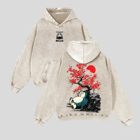Unisex Japanese‑style red plum blossoms, reclining plump beast, ink‑wash red sun Graphic Washed hoodie Personalized Pattern Y2k Clothing Round Neck Washed hoodie,Women's Clothing 100% Cotton, Menswear, Top, Vintage Style,Summer Casual Oversized