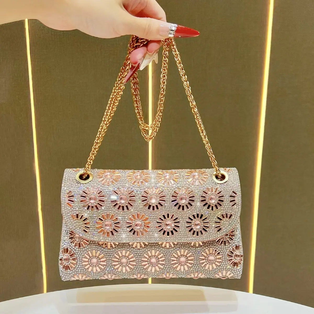 Sparkly Full Rhinestone Floral Pattern Mini Square Handbag, Ladies Rose Gold Crystal Flap Underarm Purse With Removable Metal Chain, Crossbody Bag For Banquet, Wedding & Daily Outfit