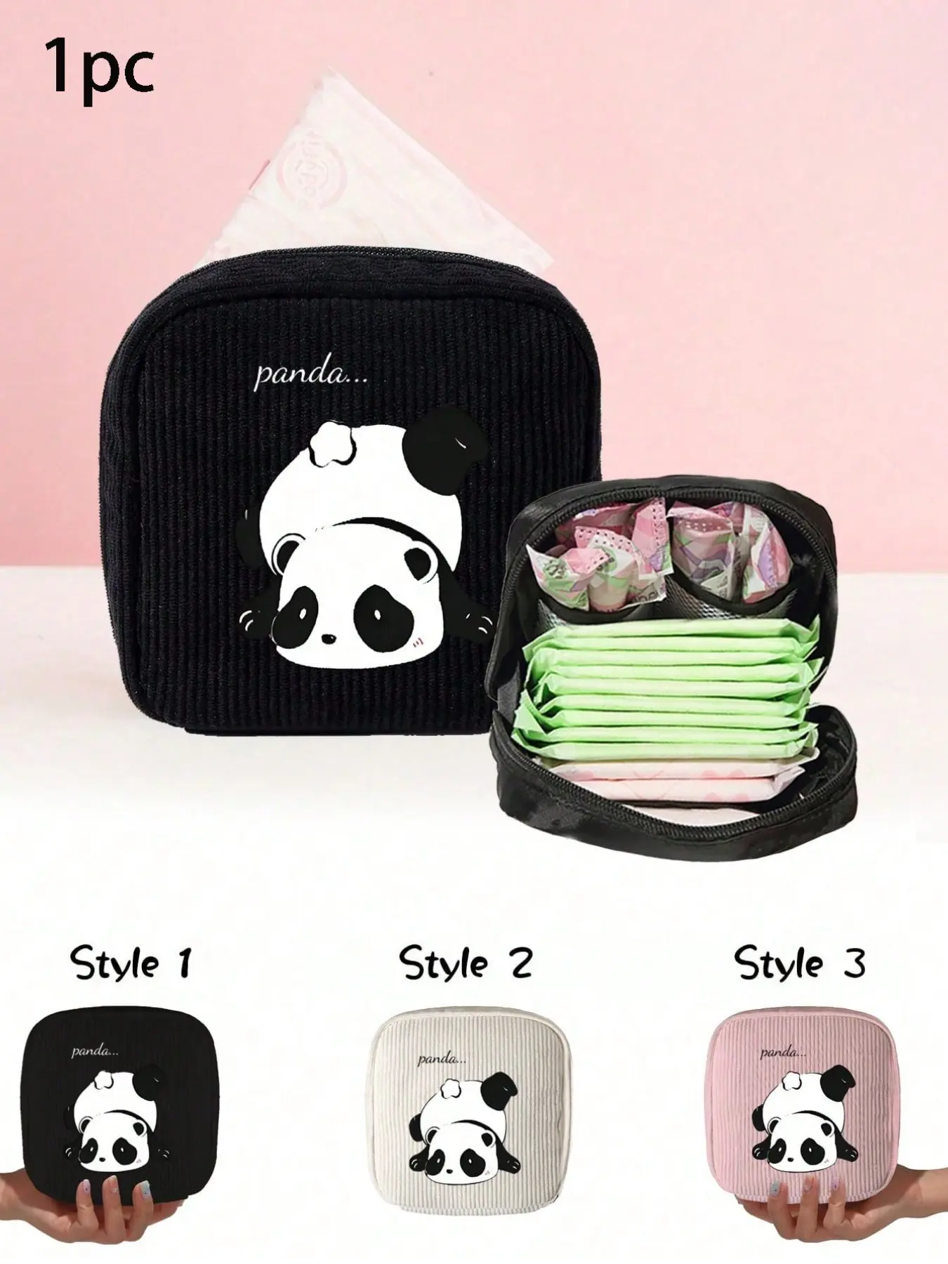 Panda Print Sanitary Towel Storage Bag, Multi-Functional Cosmetic Organizer, Japanese Sweet Corduroy Square Pouch, Travel & Home Use, Portable Cosmetic Pouch