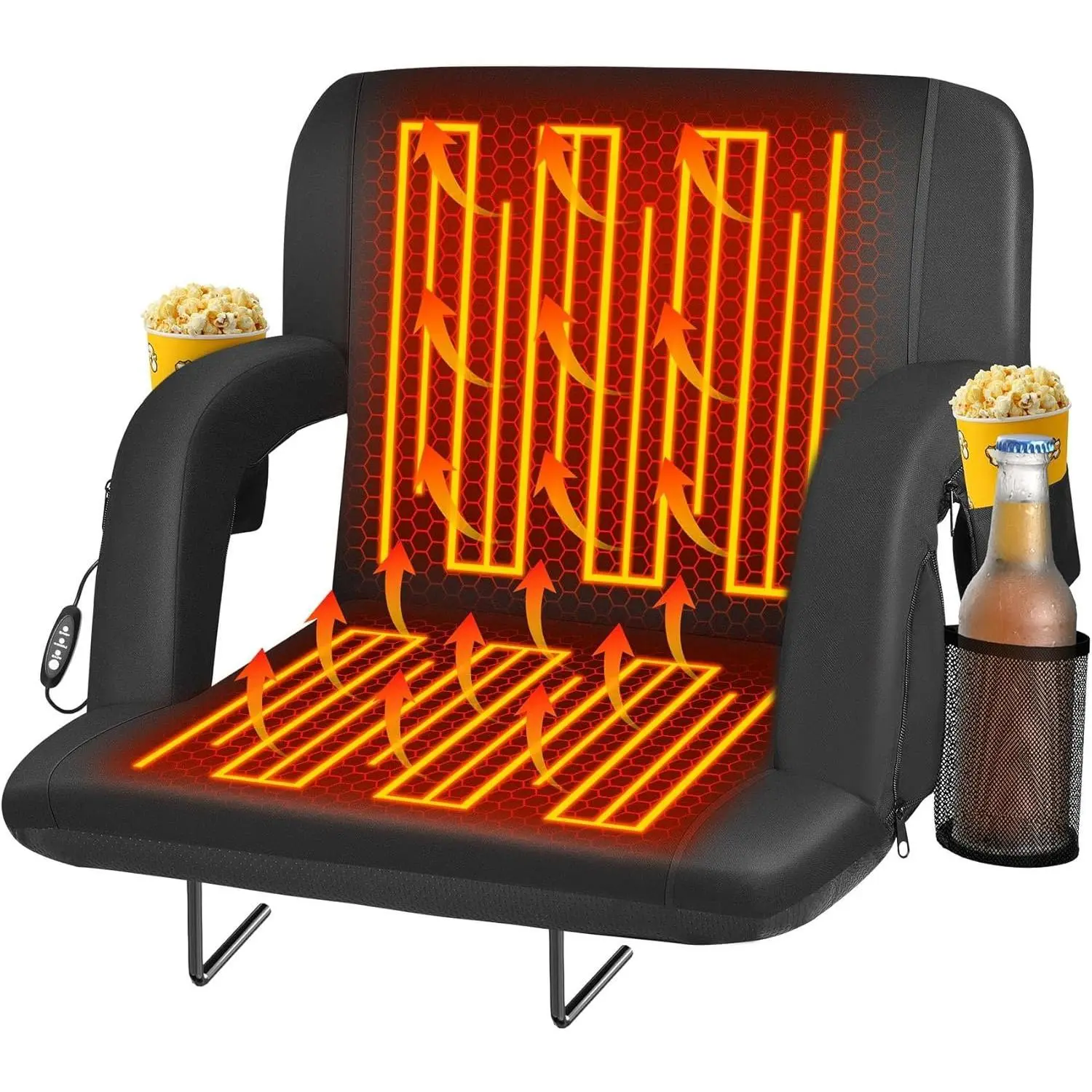 Seeutek Heated Stadium Seat for Bleachers, Dual-Sided Heated Bleacher Chair with Back Support & Wide Cushion, Foldable Portable Stadium Seat with 3 Heat Levels, 5 Pockets, 21in 1PC