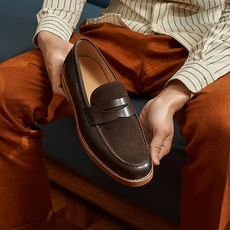 Nubuck Penny Loafers British Style Casual Slip On Genuine Leather Men Shoes Suede Cowhide Business Casual Leather Shoes for Daily Commute Office Walking