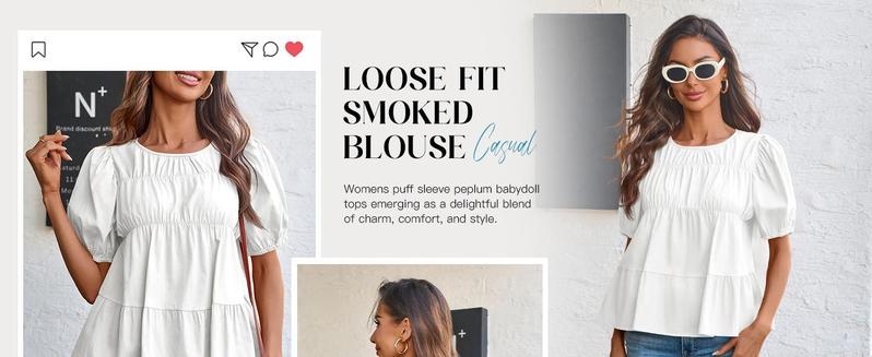 PASLTER Womens Puff Sleeve Peplum Babydoll Tops Summer Smoked Pleated Cotton T-Shirts Casual Loose Fit Flowy Blouse PASLTER Womens Puff Sleeve Peplum Babydoll Tops Summer Smoked Pleated Cotton T-Shirts Casual Loose Fit Flowy Blouse