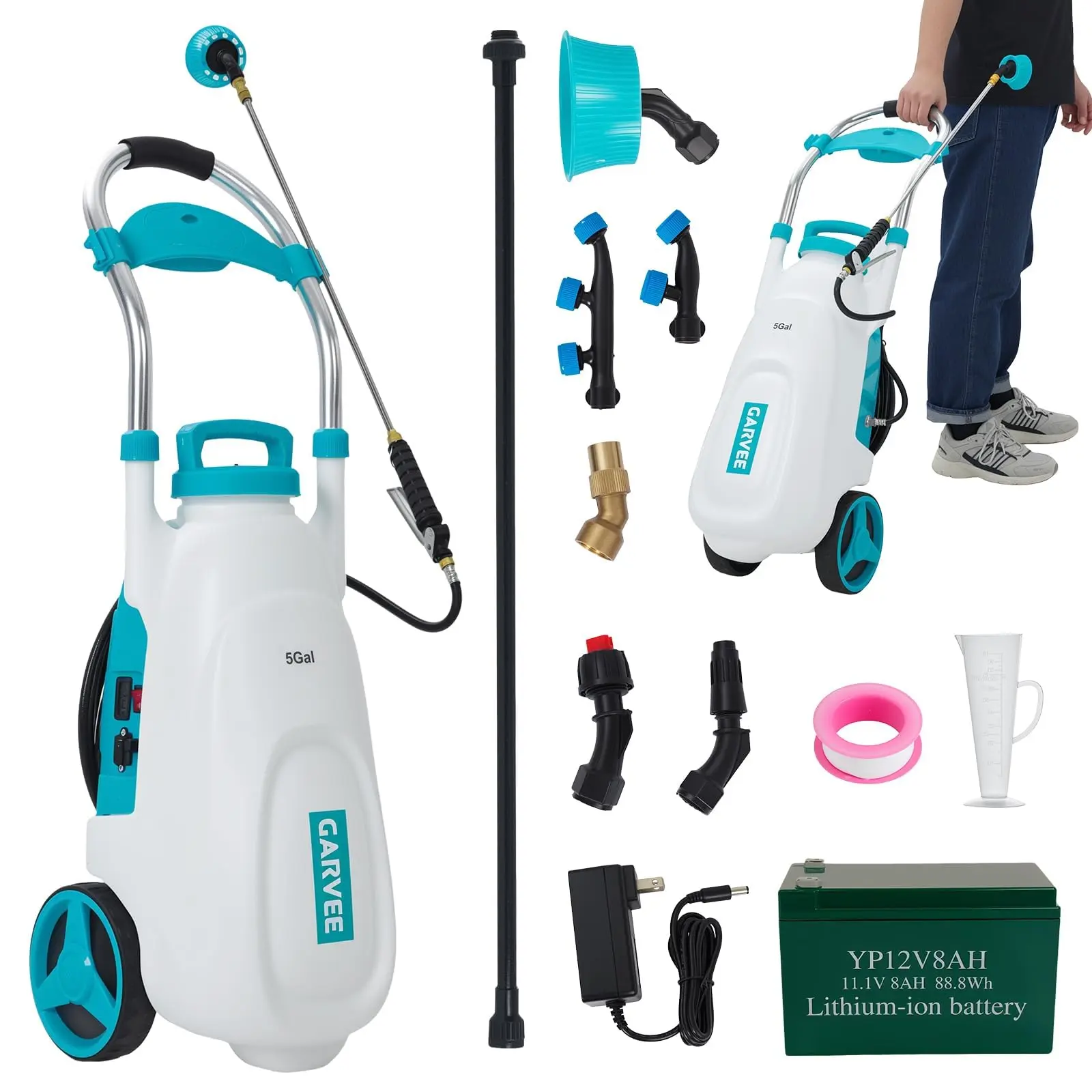 GAOMON 5.3 Gallons Battery Powered Sprayer with Wheeled Cart, 12V 8Ah Electric Sprayer with 6 Nozzles & 2 Wands, 4-6 Hour Runtime, 90PSI Adjustable Pressure, Trigger Lock, Yard Sprayers for Lawn and g