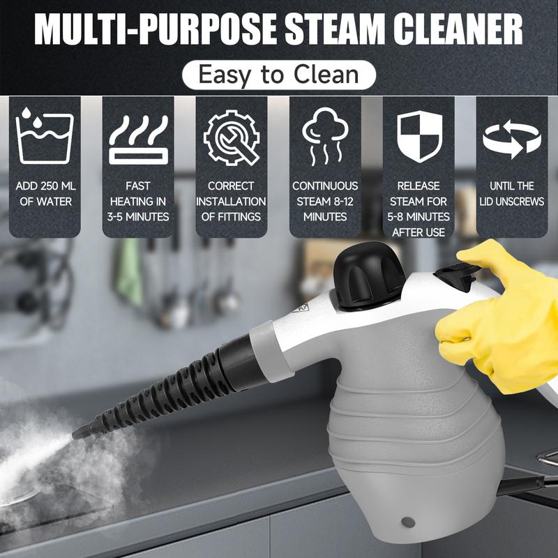 Pressurized Handheld Steam Cleaner, 1 Count Multi-purpose Steamer for Home Use with 9 Attachments To Remove Tough Stains on Car, Upholstery, Grout, Stovetop Handheld Steam Cleaning