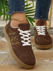 Leopard Print Three Stripes Trainer Shoes, Retro Deconstructed Style, Soft Sole Casual Board Shoes, Women's Daily Commute Versatile Shoes