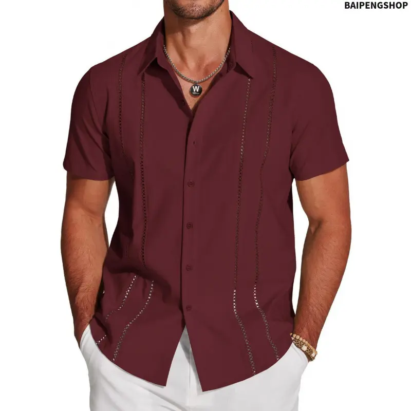 Men's Cuban Cut Shirt in Plain Black Polyester, a Short Sleeve Button Front Casual Beach Top for Summer Outdoor Wear