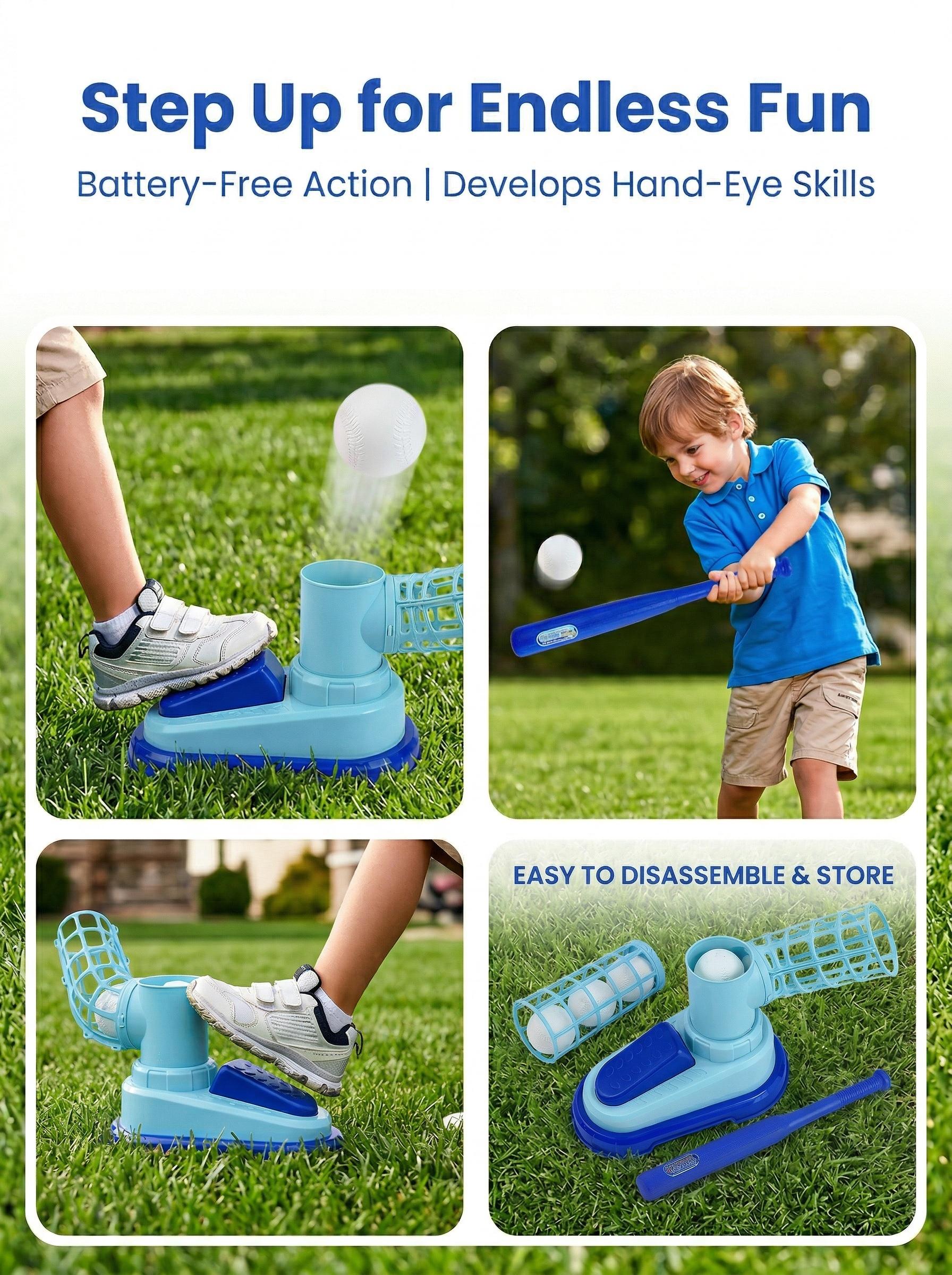 Fun Launcher Baseball Toy for Kids – Pop-Up Pitching Machine with Bat & 3 Balls – Outdoor Sports Game, Gift for Boys & Girls Ages 3-8,Children's foot-operated catapult baseball training machine, automatic baseball launcher for indoor and outdoor sports