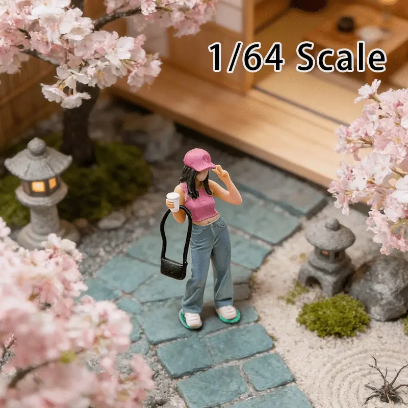1pc Girl Doll Model Wearing Cap Drinking Milk Tea, 1/64 Scale Color 3D Mini-Figure, Sand Table Layout, Desktop Micro-Landscape Decoration
