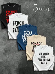 Men's Streetwear Vest with Rivet Decoration, God's Flyest Child Letter Print, Sleeveless Slim-Fit Top, High-Street Style, Round Neck