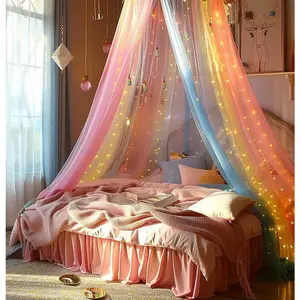 Net Bed for Girls,Rainbow with LED Lights Bed Curtains Full Queen Size from Ceiling,Dome Netting Bed Tent Twin Girls King Bed Decor