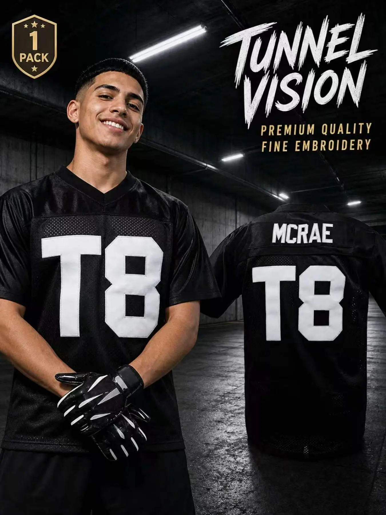 Men's T8 Appliqué Embroidery Football Jersey, Premium Black V-Neck Short Sleeve Sports Uniform, Breathable Game Day Apparel for Football Fans, Embroidered Jersey