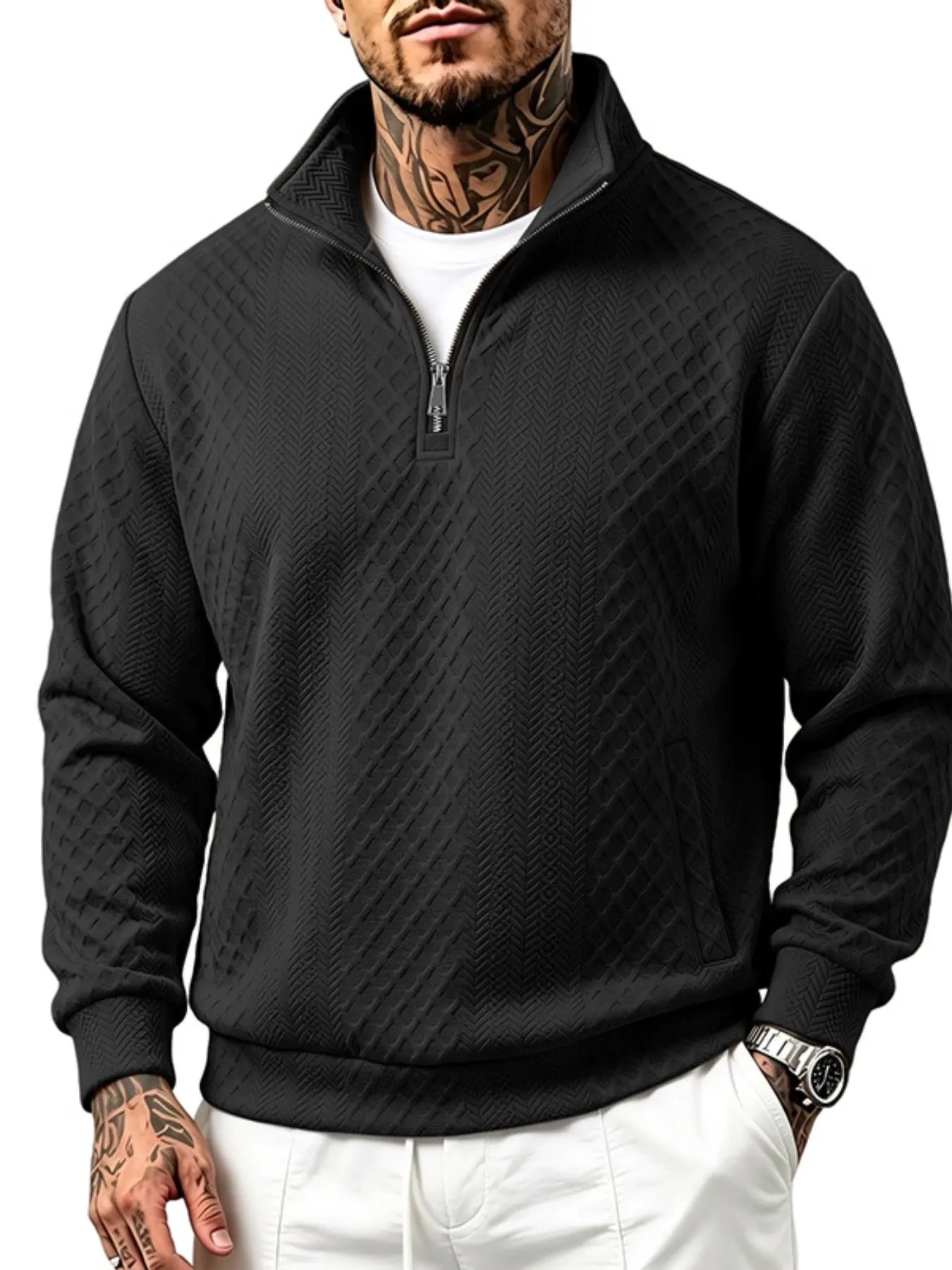 Men's Quarter Zip Pullover Sweatshirt, Diamond Textured Long Sleeve Polo Sweater, Stand Collar Stretch Casual Top, Soft Warm Shirt For Autumn Winter Sports Business Daily Wear Stretchy