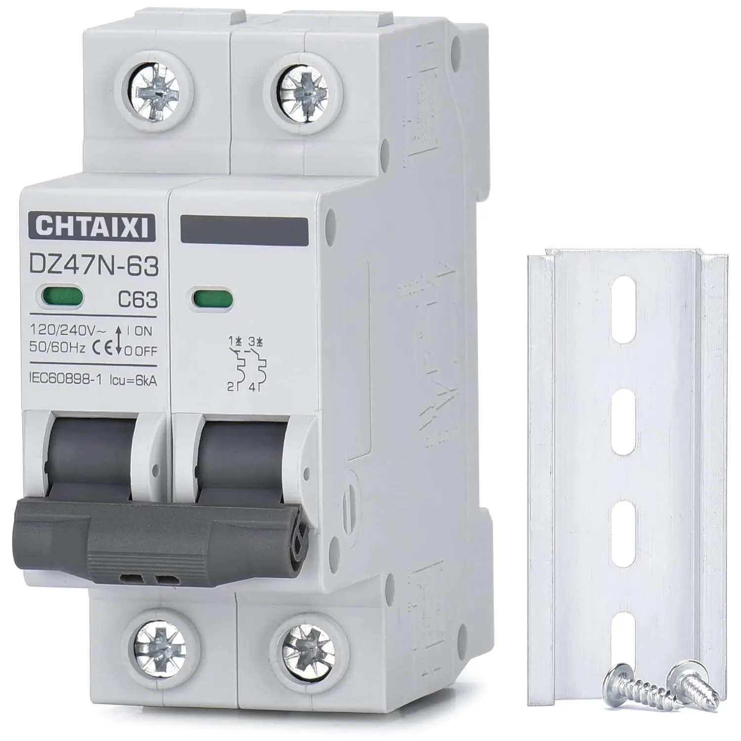 AC Miniature Circuit Breaker, 63 Amp 120V/240V 2 Pole| DIN Rail Mount, Thermal Magnetic Trip, Solar AC Disconnect Switch MCB C63