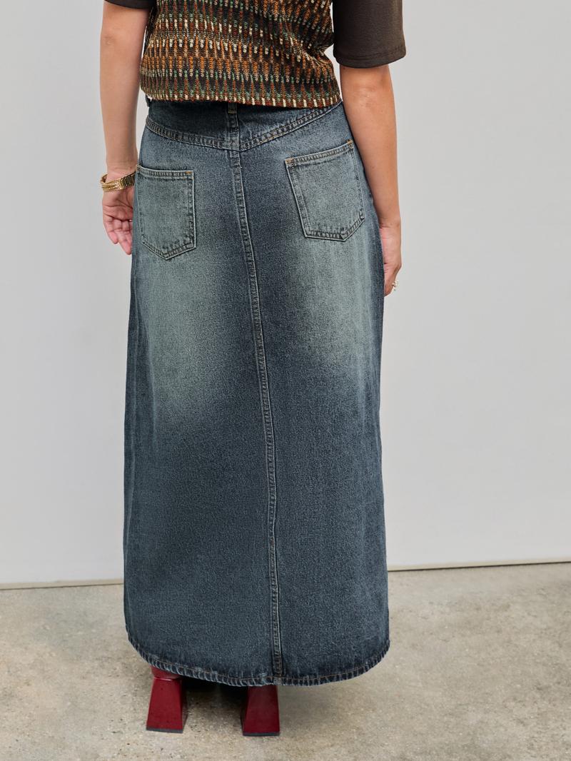 Cider [size 0-26] Denim Mid Waist Solid Pocket Maxi Skirt