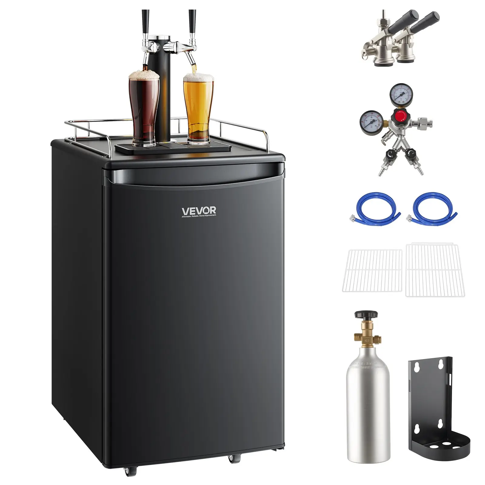 【Summerfinds】VEVOR Dual Tap Beer Kegerator, Full Size Stainless Steel Keg Refrigerator with Auto Defrost, CO2 Cylinder, Shelves, Drip Tray, Rail, 32°F-50°F Temp Control, Holds 1/6, 1/4, 1/2 Barrels, Black