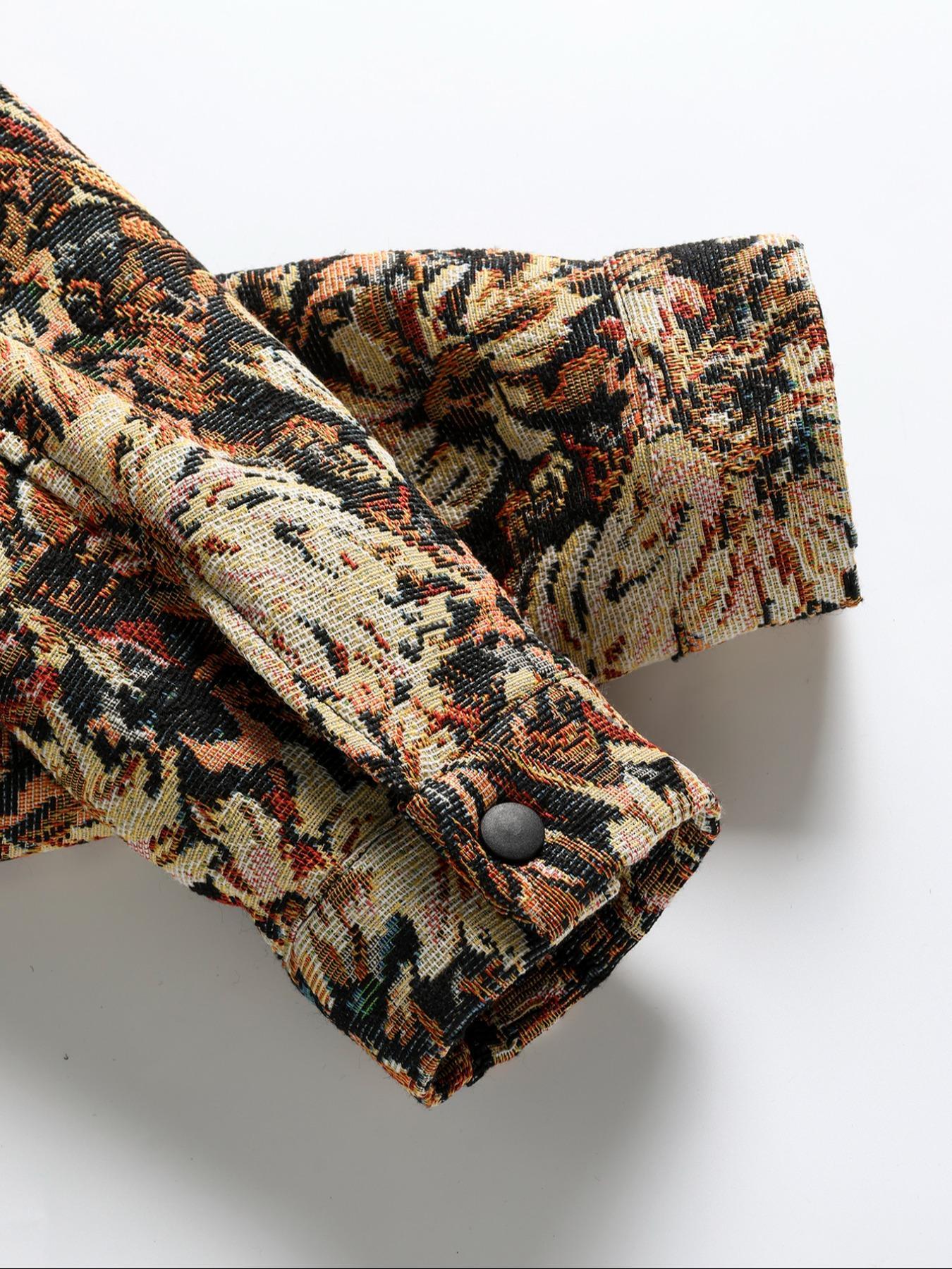 Men's Floral Print Button Front Jacket, Coats, Regular Fit Casual Long Sleeve Collared Outerwear for Fall & Winter, Men's Clothes for Daily Wear