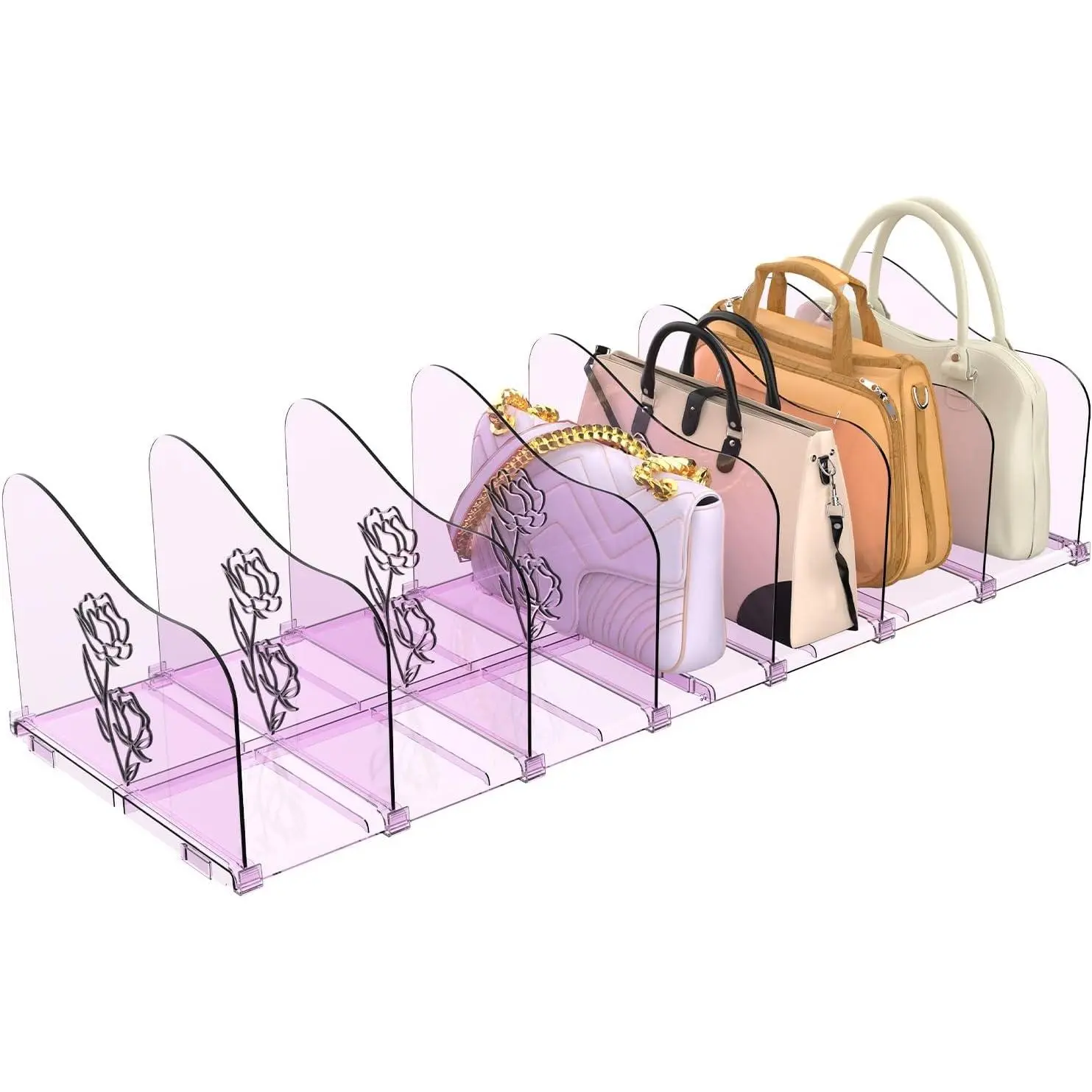 Rose Purse Dividers for Closet, 2 Pack Clear Clutch Purse Closet Organizers, Adjustable Handbag Storage Organizers, Plastic Bookshelf Separator Dividers for Bedroom Office