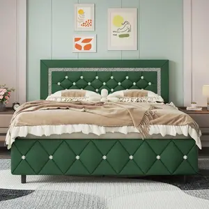 Twin/ Full/ Queen/ King Size Bed Frame, Upholstered Bed Frame With Diamond Headboard And  No Box Spring Needed, Easy Assembly, White/ Beige/ Black/ Grey/ Pink/ Purple/ Green