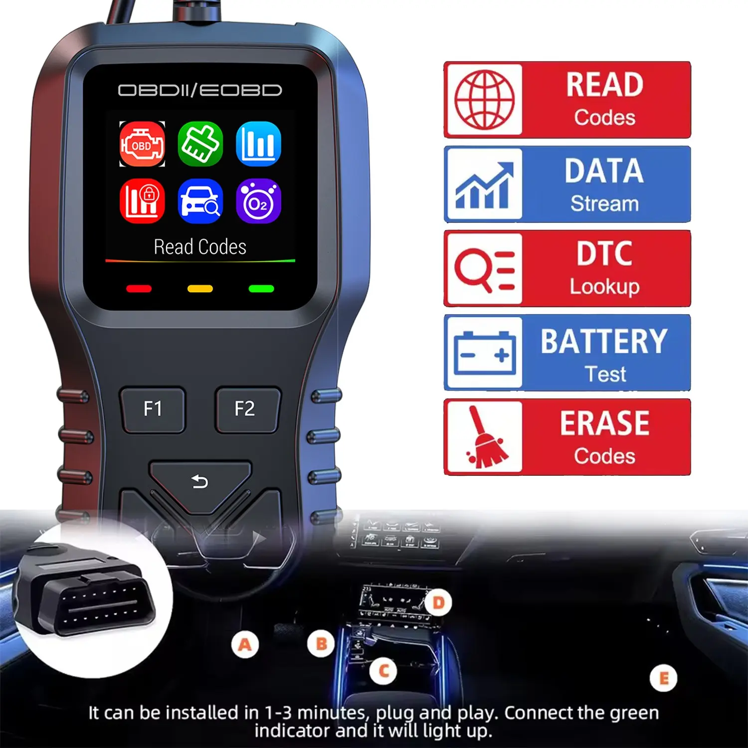 K1 Obd2 Car Scanner, Fault Code Reader, Check Engine Light, Emission Monitor, Color Screen, Real-Time Data, Universal Obd Ii Protocol, Obdii Scanner