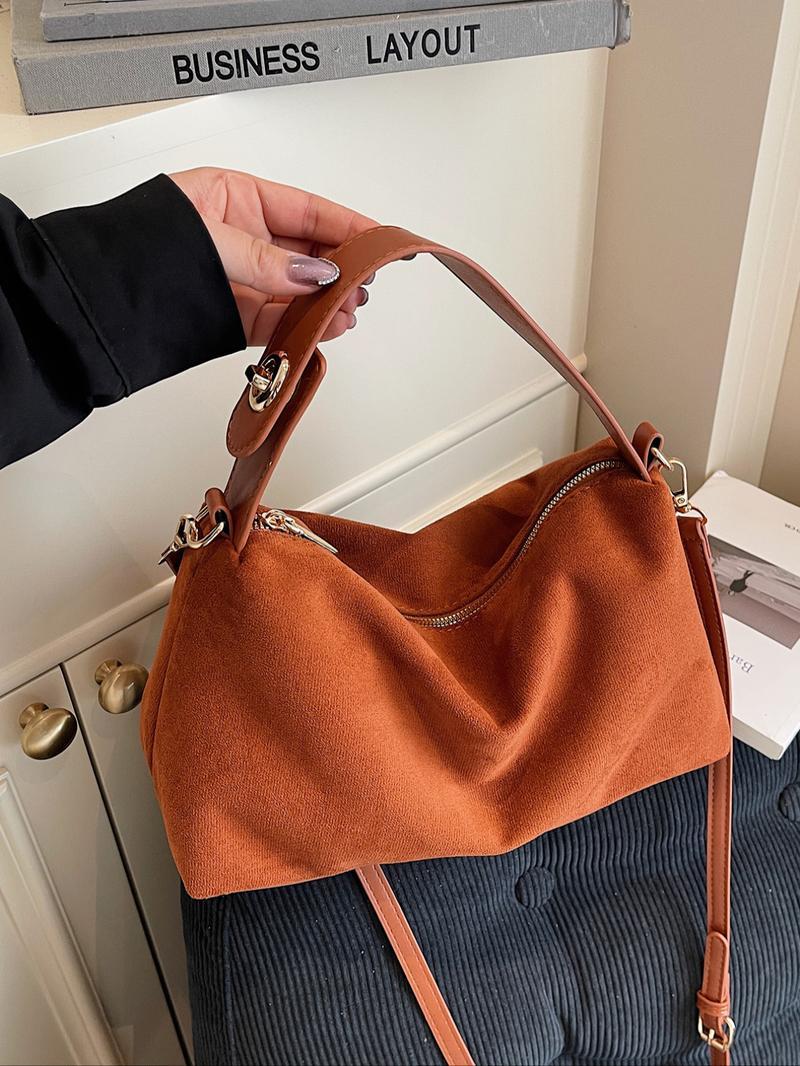 American Minimalist Vintage Suede Top-Handle Bag, Zipper Closure, Versatile Daily Handbag for Work & Casual