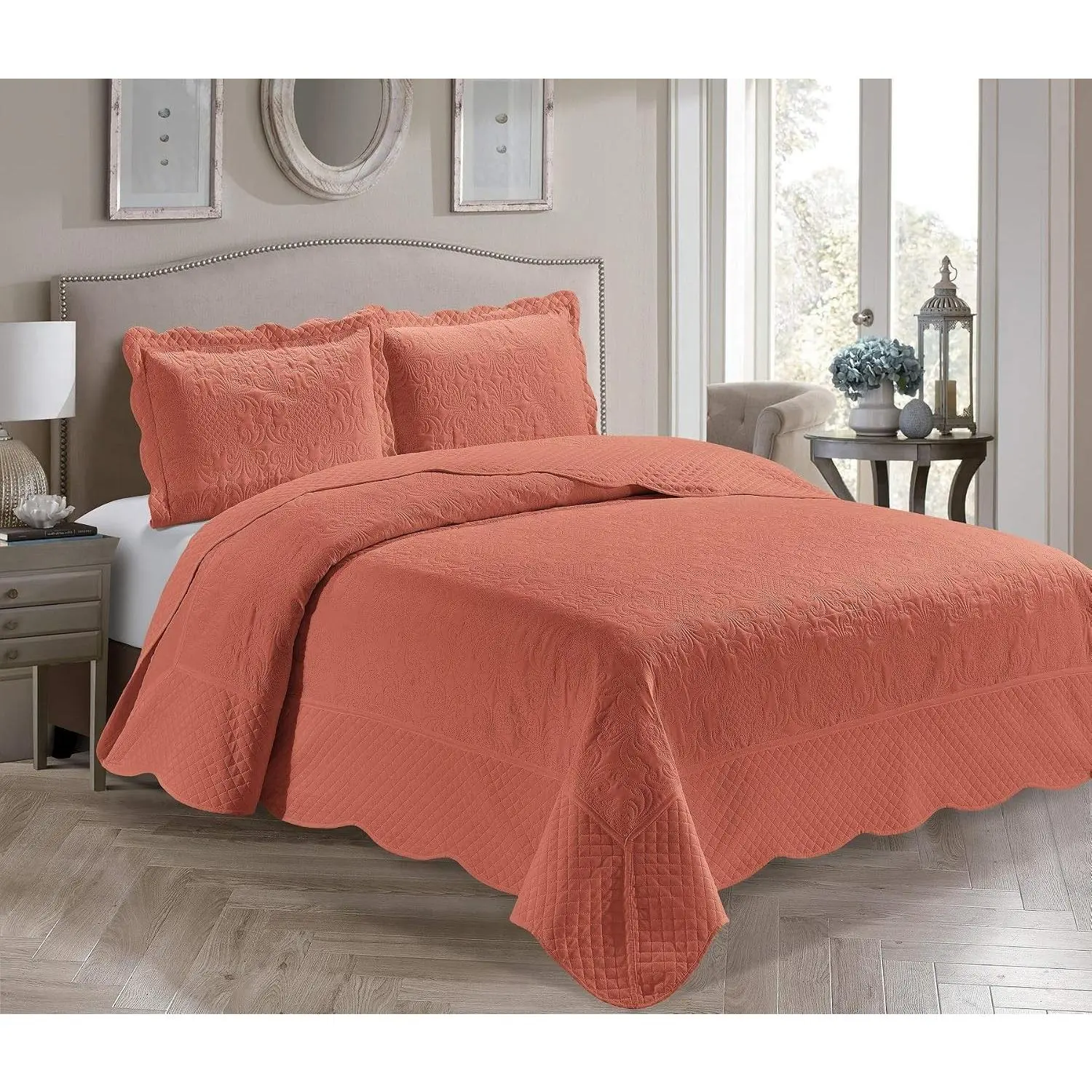 3 Piece Over Size Embossed Solid Color Coverlet Bedspread New Veronica Orange King/California King
