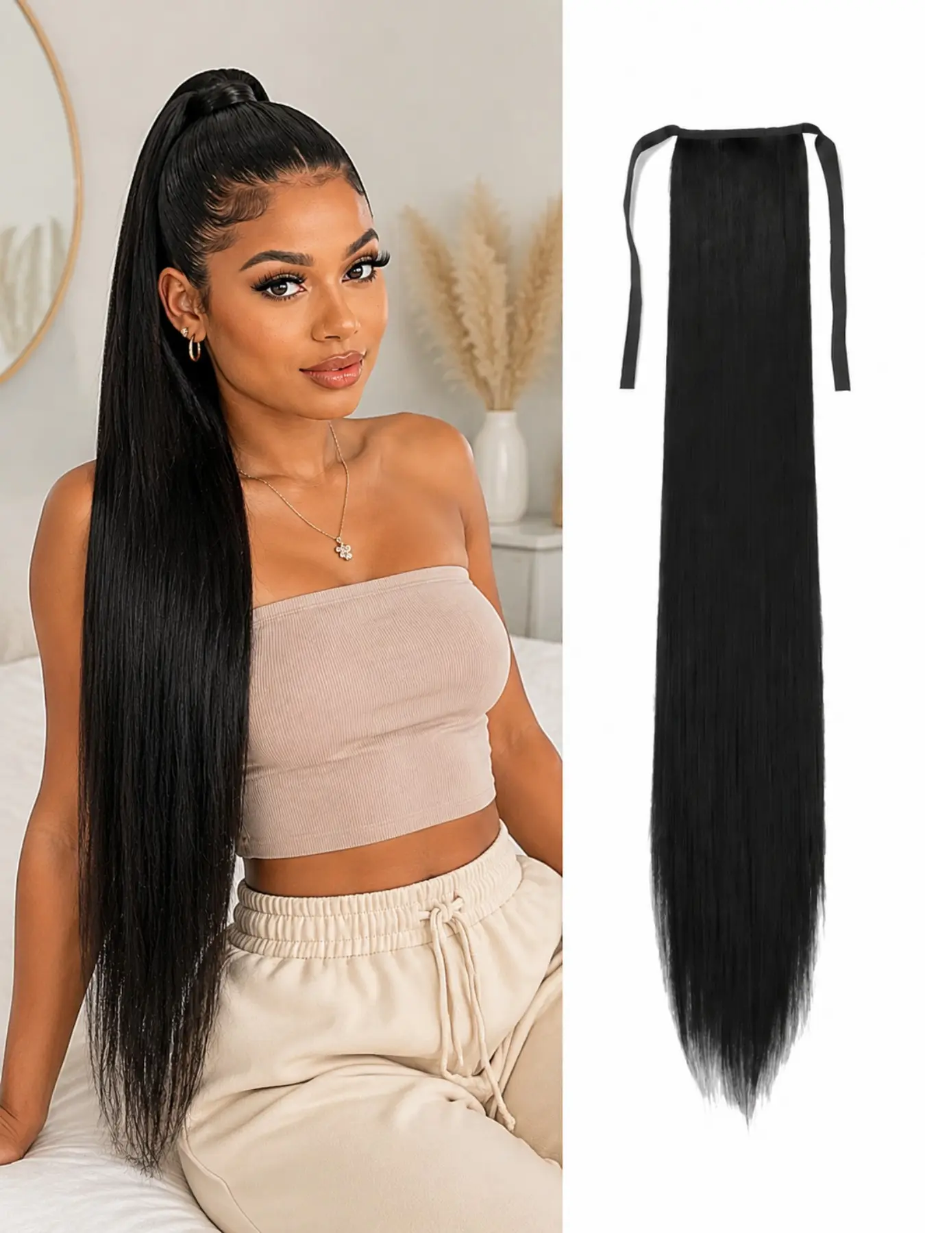 Synthetic 34Inch Long Straight Drawstring Ponytail Clip in Hair Extension Black Blonde Hairpiece for Women