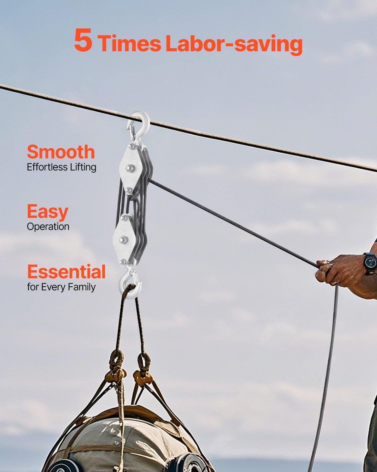 VEVOR 4400 lbs Breaking Strength 100 FT Rope Pulley Hoist, 5:1 Lifting Power Heavy Duty Pulley System with 2pcs Soft Loops, Metal Wheels Bearing Structure, Block and Tackle for Lifting Heavy Objects