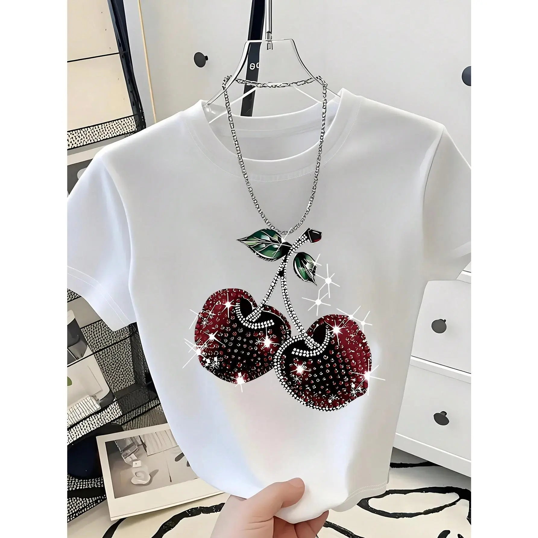 Women's Cropped T-Shirt, Cherry Print, Heat-Transfer Printing, Y2K Style, Baby Tee, Tight-Fitting Cropped T-Shirt, Suitable For Casual Daily Wear