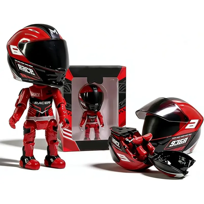 Mini Moto Helmet Heroes Transforming Ornaments with Hidden Racers Inside - Fold Buddy Motorcycle Action Figure with Movable Joints, Helmet Metal Mini Figure for Dashboard & Bike (Red)