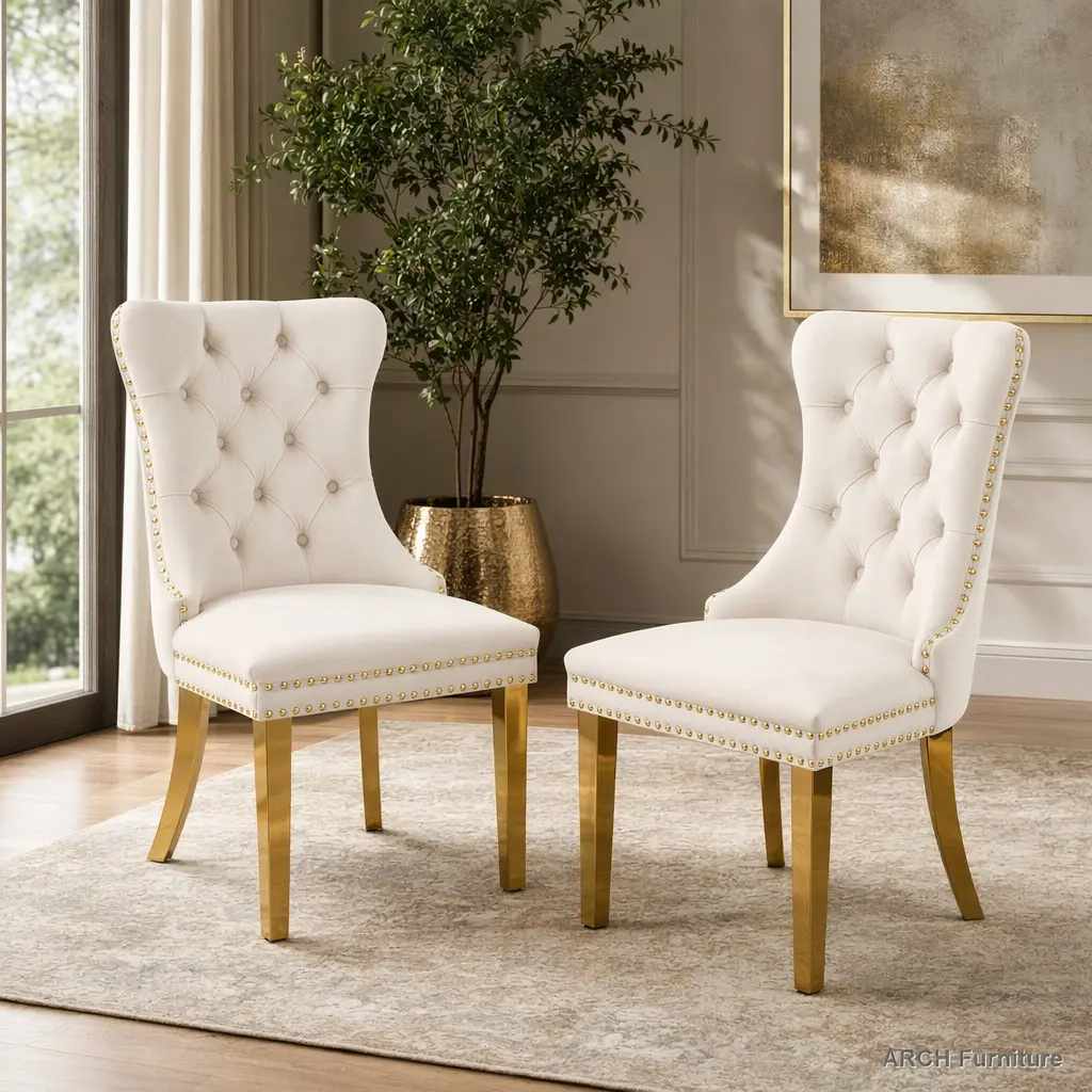 A&A Furniture Nikki Collection Modern High-End Tufted Velvet Dining Chairs - Set of 2, Golden Stainless Steel Plating Legs, Nailhead Trim, Beige & Gold, Easy Assembly, Comfortable Decorative Dining Chairs, SW1601BG WL