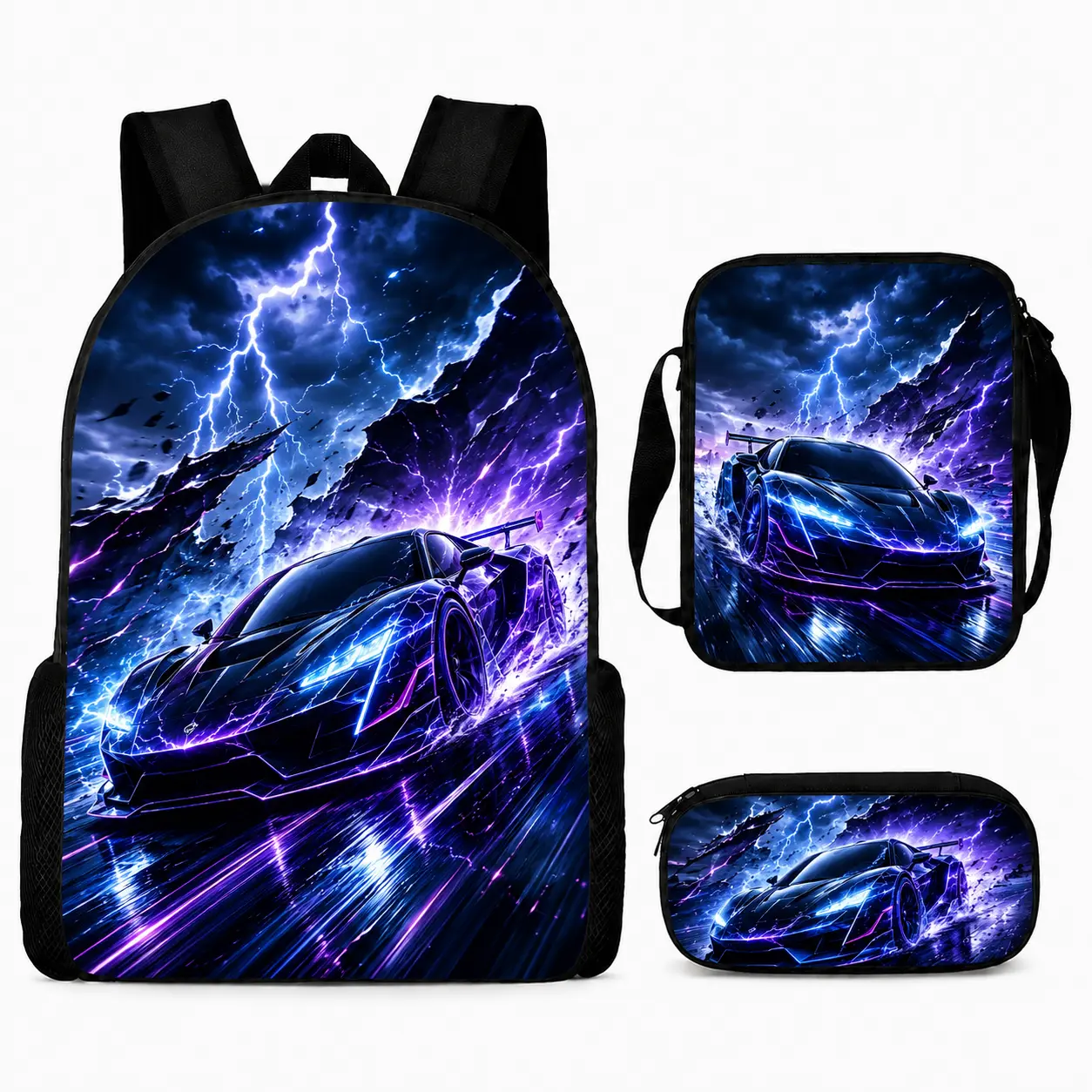 Lightning Supercar Backpack Set for Kids Boys Girls, 3 Piece School Backpack Set with Lunch Bag and Pencil Case, Cool Racing Car Bookbag with Neon Blue Purple Electric Lightning Graphic, Large Capacity Student Backpack for Elementary School, Teen Travel G