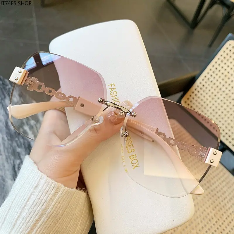 New Trend Rimless Temple Sunglasses, Retro Oversized Frame High-Appearance UV Protection Shades