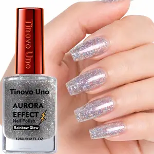 Tinovo Uno Aurora Effect Rainbow Glow Nail Polish 12ml, Holographic Silver Shimmer, Quick Dry, No UV Needed, Sparkling Multi-Chrome Finish, Long-Lasting Wear, Multifunction Nail Strengthener, Improves Brittle & Weak Nail, Original Brand Design, Ideal Gift