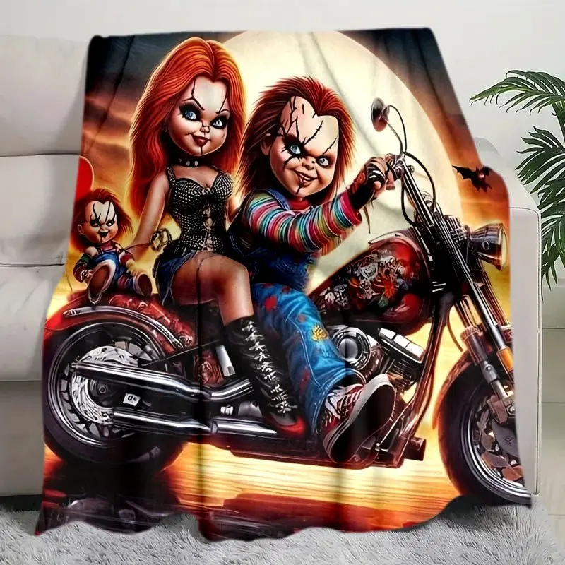 Horror Motorcycle Chucky Tiffany Mini Doll Sunset Print Fleece Soft Throw Blanket All Season Gothic Sofa Bed Office Nap Travel Camping Car Blanket Spooky Couple Movie Decor Blanket Bride Of Chucky Halloween Gift