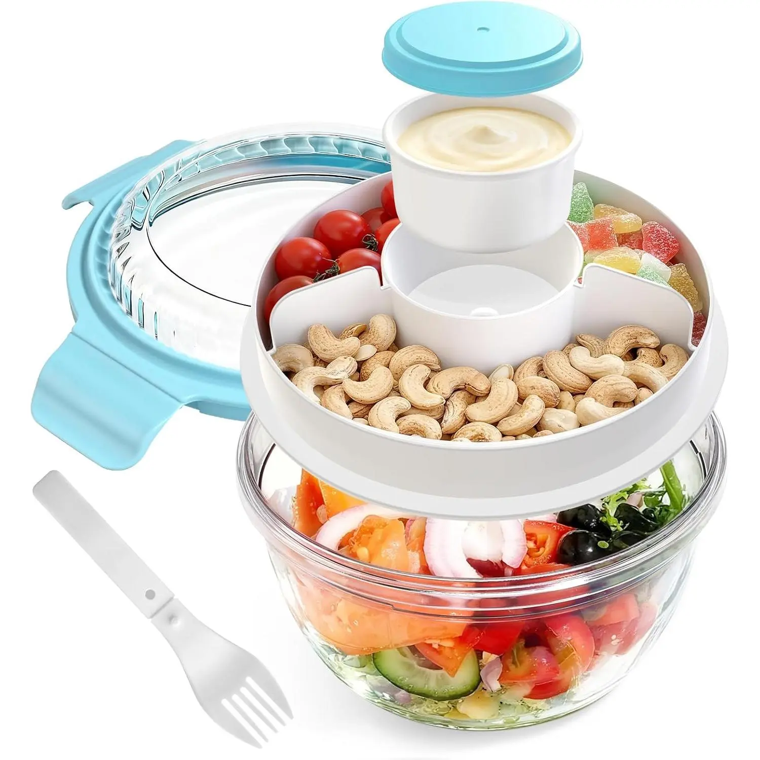 Clear    ECOZEN Salad Container, 33OZ Portable Plastic Salad Bowls with Lid & Snack Tray, Leak-Proof Dressing Container,  Fork, Lunch Box for Meal Prep (Blue)