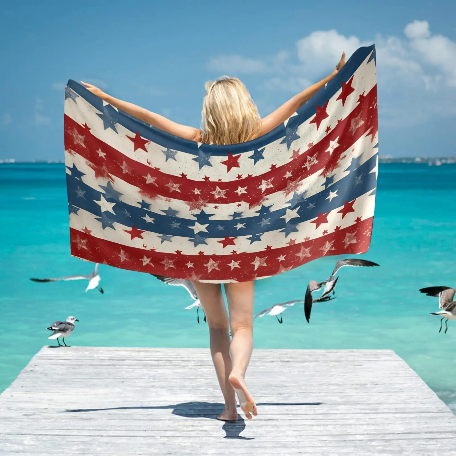 Retro Floral Stripe American Flag Beach Towel Quick Dry Sand Free Microfiber Pool Towel Adult 31"x71" Kids 29"x58" All Purpose Gym Towel Picnic Blanket Portable RV Truck Accessory for Summer Soft Patriotic Road Trip 4th July Family Beach Trip Gear
