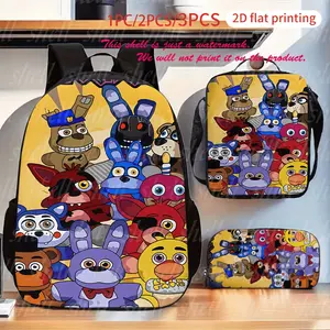 Customizable 3-Piece Oxford Bag Set, Five Nights at Freddy’s Full Cast Warm Yellow Background Cartoon Print, Great for Daily School Use, Horror Game Fan Hangouts And Casual Themed Weekend Outdoor Excursions