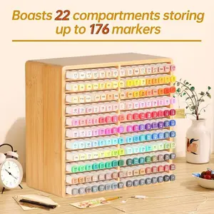 Bamboo desktop watercolor pen storage box, office pen holder, school drawing pen storage rack, multi-layer marker pen storage