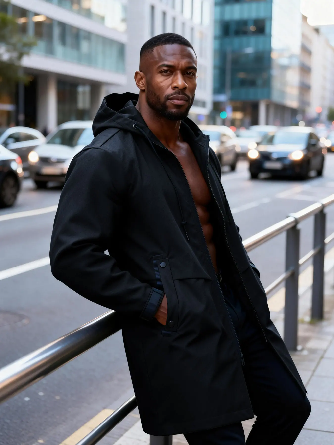 Men's Mid-Length Hooded Jacket, Workwear Style Outerwear, Casual Fitted Design, All-Season Outdoor Coat, Plain Surface, No Padding